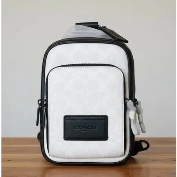 Coach Racer Sling Pack CV763 Black Chalk Signature Canvas Leather Crossbody