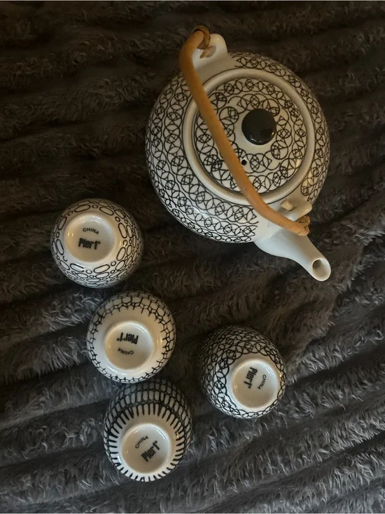 Pier 1 Black and White Ceramic Tea Set with Bamboo Handle