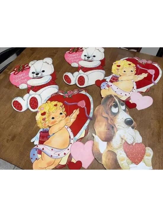 5 Vintage Valentines Day Eureka Die Cut Paper Cut Out Hanging Wall Decorations