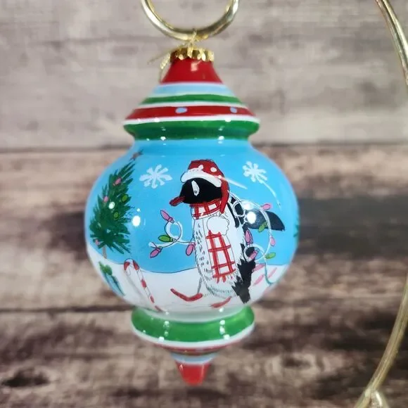 Penguins Christmas Ornament Li Bien Reverse Hand Painted Pier 1 One 2017 w Box