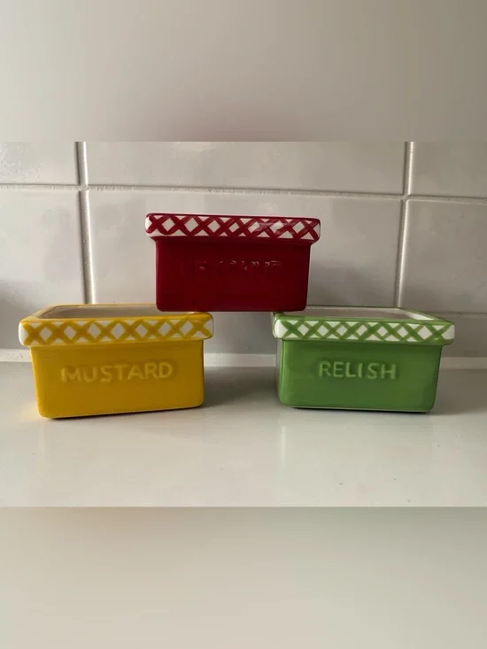 Pier 1 Imports Ceramic Condiment Dish Set - Ketchup, Mustard, Relish