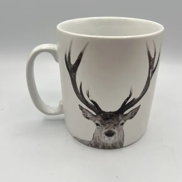 Pier 1 Snow Forest Winter Buck Deer Porcelain Coffee Mug Dishwash Microwave 5”