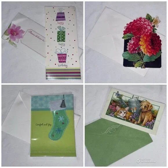 4 Assorted Greeting Card Bundle - Floral, Birthday, Holiday & Animal Designs