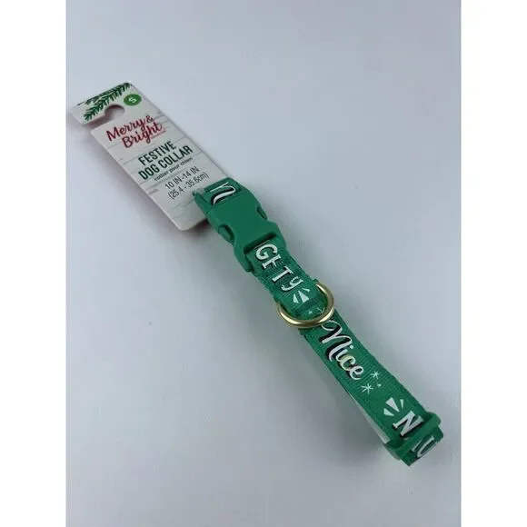 Merry & Bright Adjustable Holiday Themed Dog Collar “Naughty Nice” Green Size S