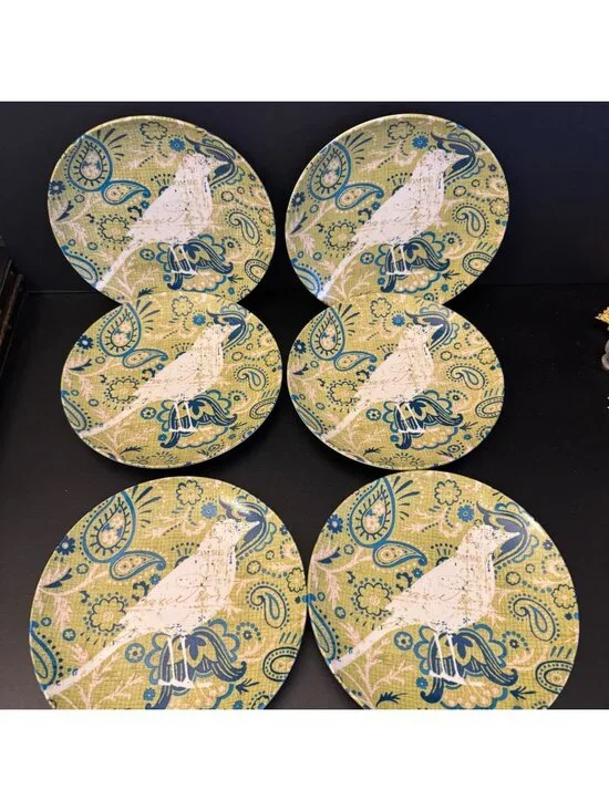 Pier 1 Porcelain Plate Paisley Bird Green & Blue print 8