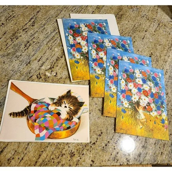Vintage Patrick Gordon Fraser Greeting Cards Cat Girl Flowers 1970s? Get Well