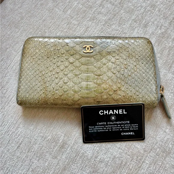 Authentic CHANEL multicolor python skin zip around long wallet