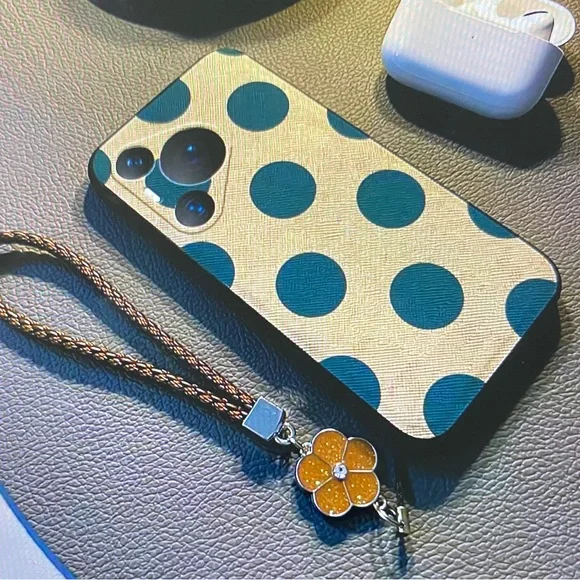 Polka Dot Phone Case with Strap - Black and Tan