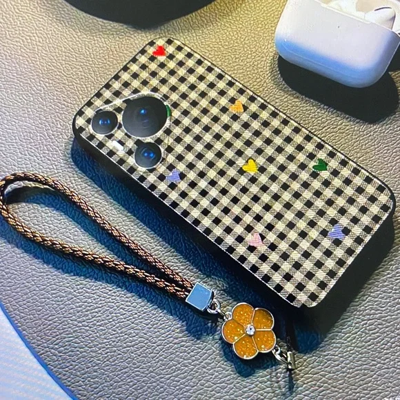 Checkered Black Phone Case with Strap