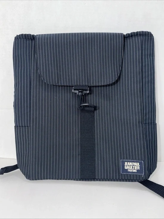 Jean Paul Gaultier Parfums PINSTRIPE BACKPACK Black NYLON INTERIOR Logo Bag NWOT