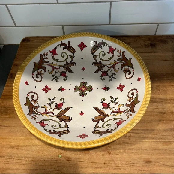 Pier 1 Oralia Hand Painted Serving Bowl Yellow Rim Floral Chile 13.25