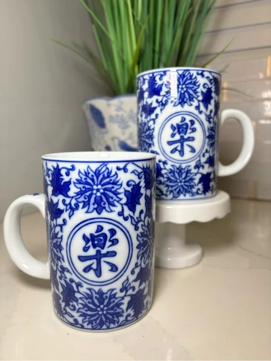 Pier 1 Imports Blue and White Porcelain Happiness Mugs – Elegant Chinoiserie Cup