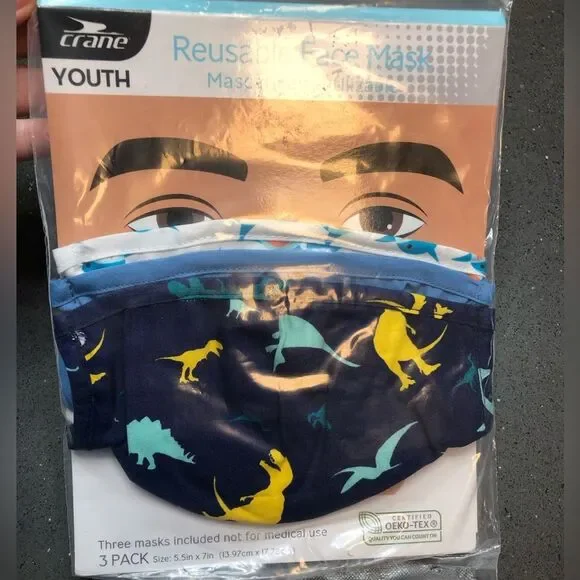 Crane 3 pack of boys youth blue/white masks, 5.5 in x 7 in