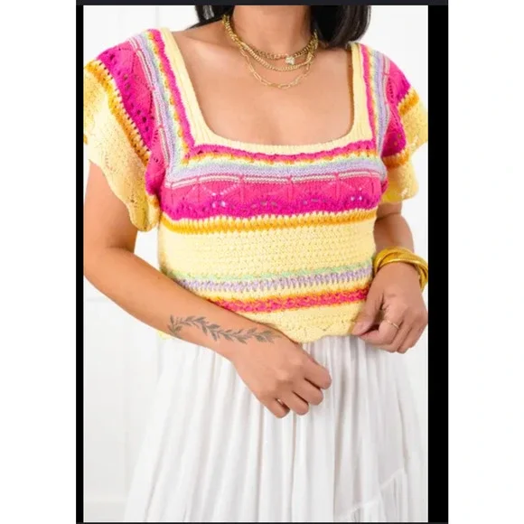 POL Crochet‎ Crop Top Striped Boho Festival Square Neck Summer Top Yellow Small