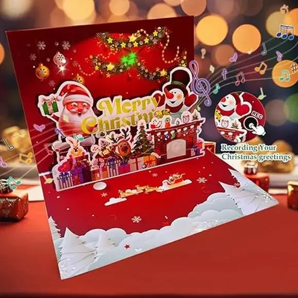3D Pop Up Light and Music Recordable Card Gifts Led Twinkle Santa Pack of 12