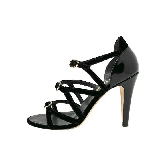 Chanel Black Velvet Patent Leather Strappy Heels CC Logo 37