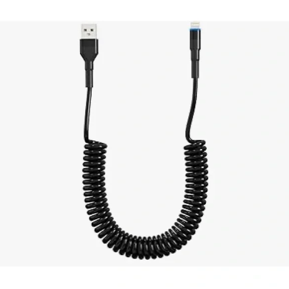 USB Data Synch & Charging Cable (Retractable, Coil USB A to Lightning Cable)