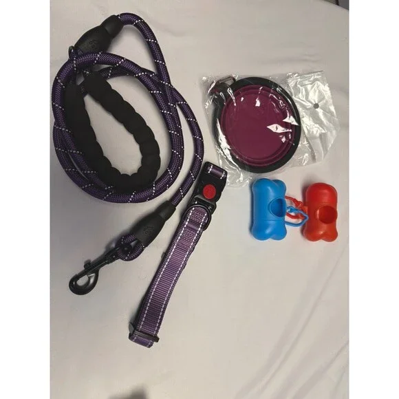 Dream Amour 5pc Dog Set purple collar, leach, water bowl &2 bag holders New