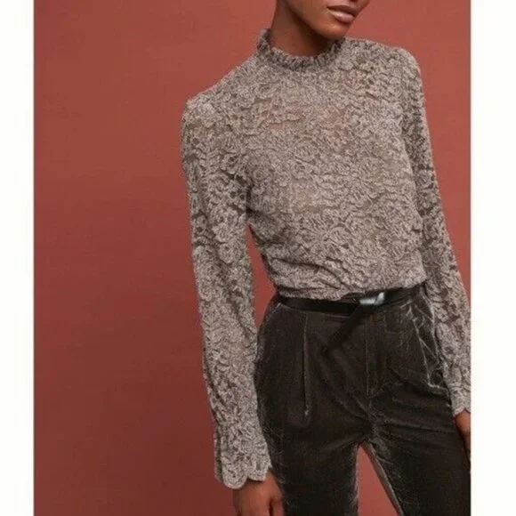 Anthropologie Eri + Ali NWT Taupe Brown Velvet Floral‎ Lace Delano Top
