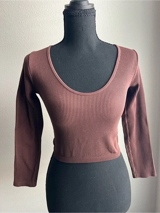 Zara Brown Ribbed Long Sleeve Crop Top