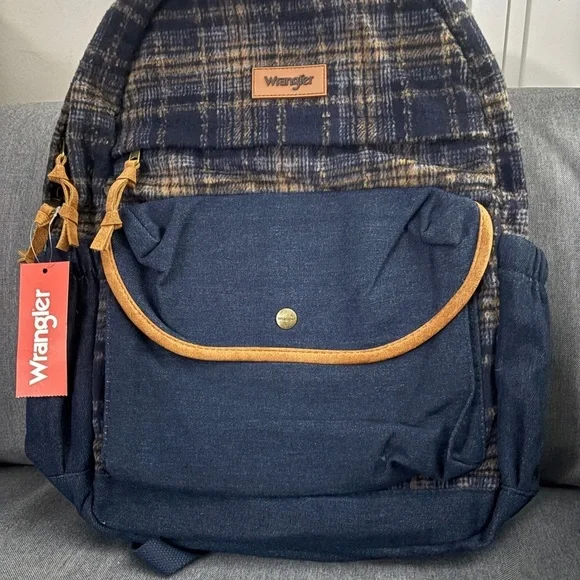 Wrangler Plaid Navy and Tan Men's Backpack