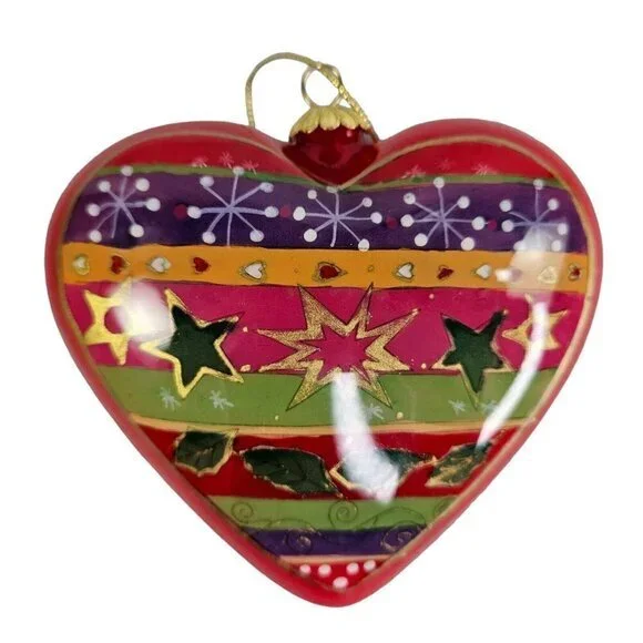 Pier 1 Li Bien Glass Ornament Heart Shaped Holly Stars Handpainted With Gift Box