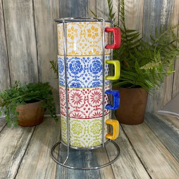⭐️Pier 1 Imports vibrant colored set of 4 stacking mugs & rack