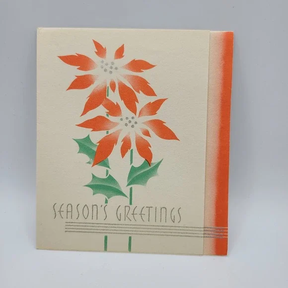 Vintage 1940s Seasons‎ Greetings Christmas Card Poinsettia Art Deco Signed