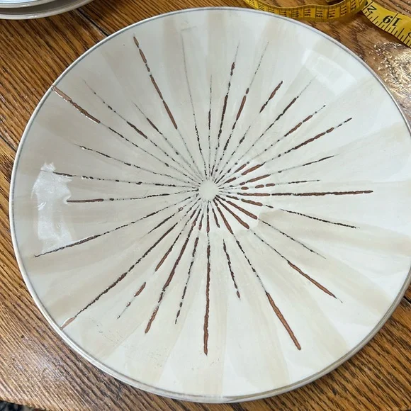 Pier 1 Stoneware 11.5” dinner plate. Retired Sanctuary pattern. Cream, gray red