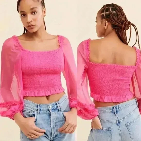 Anthropologie KEEPSAKE Moonlight Puff-Sleeve Top Pop Pink Size Small NWOT $145