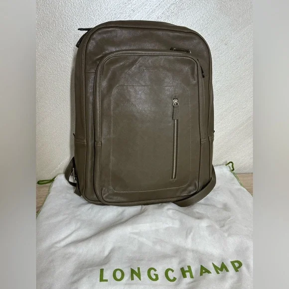 Longchamp Army Green Leather Backpack