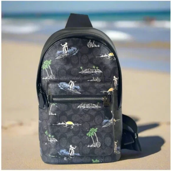 Coach West Pack 2853 Mens Surf Print Signature Canvas Leather Crossbody