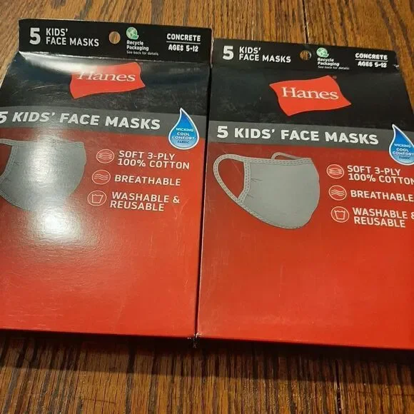 New TEN Grey Kids Youth 5-12 Hanes Cooling Wicking Breathable Facemasks