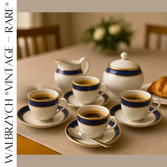 Vintage Walbrzych Poland Demitasse Espresso Set Blue Gold Porcelain 10 Pc RARE