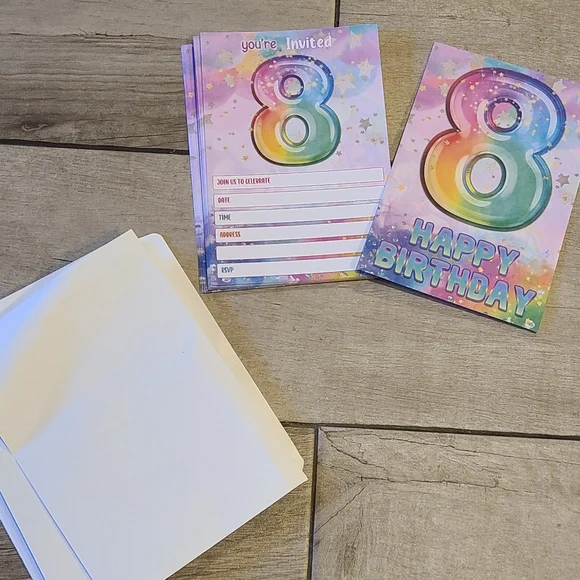 💐 8th birthday rainbow invitations ☀️🌷 💧 💕 🍂 🍎🍋🧁🎀🦄🪻🍍🍓🦉💘🐧
