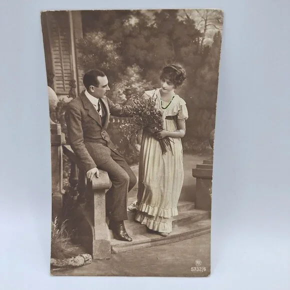 Antique Romantic Postcard Couple Scene Sepia Tone Handwritten Message‎ Ephemera