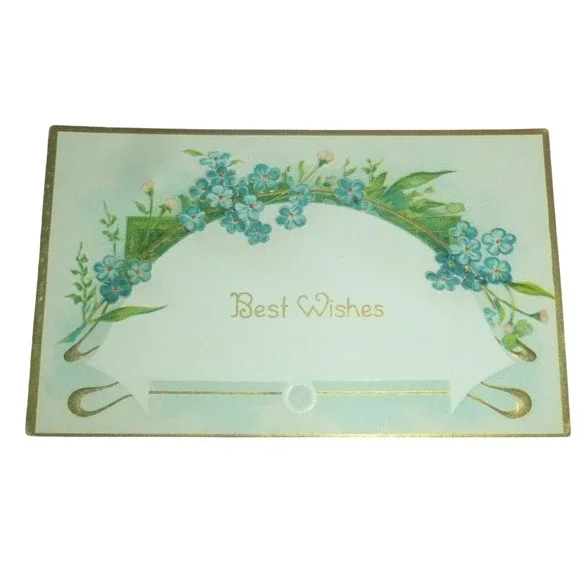 Antique Best‎ Wishes Postcard Blue Forget Me Nots Embossed Floral Gold Gilt Edge