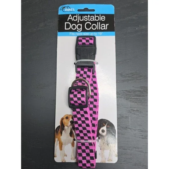 Fashion Adjustable Nylon Dog Collar - Pink Checkerboard - Neck Size Up To 19