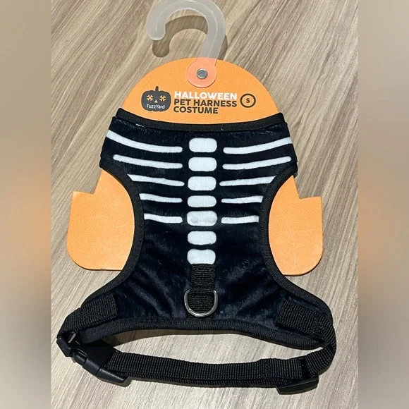 Halloween skeleton dog harness. Soft plush. Adjustable strap, black & white. S