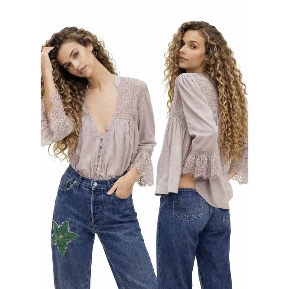 Free People Esme Button Up Blouse Lavender Mauve With Crochet Trim Size M