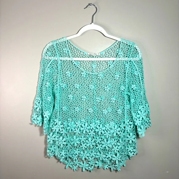 Breeze Ever Mint Green Lace Crochet Crop Top Boho Chic Hi Low 3/4 Bell Sleeve S
