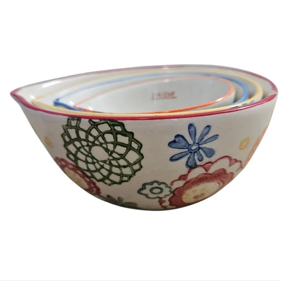 Pier 1 Imports Floral Hand Painted Stoneware Measuring Cups Set of 4