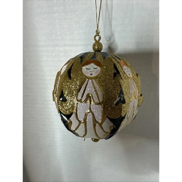 Pier 1 Imports Christmas Ornament Holiday Glittery Gold Navy Angels Metal Ball