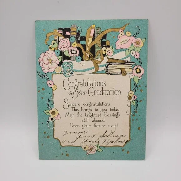Vintage Graduation Card‎ Floral Gold Inspirational Congratulations USA Scrapbook