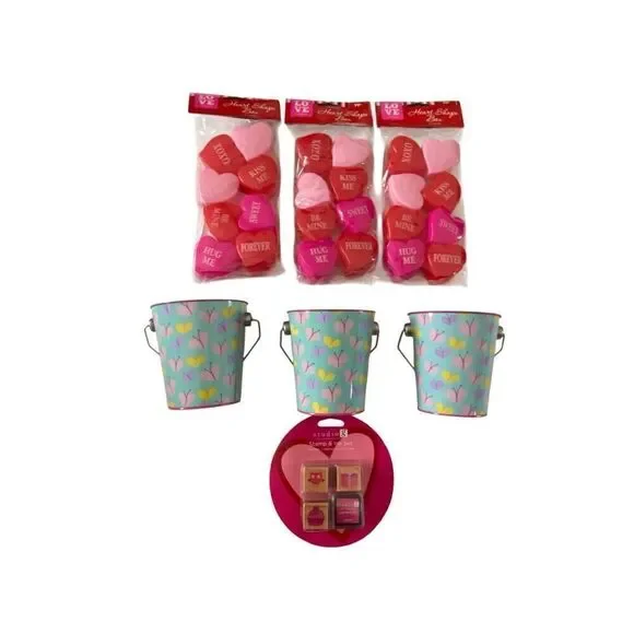 Lot Of 7 Valentines Day Supplies Heart Boxes Stamps Buckets School