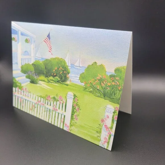 Blank Greeting Card With Garden‎ Sailboat Scene By Marley Watton Made In USA