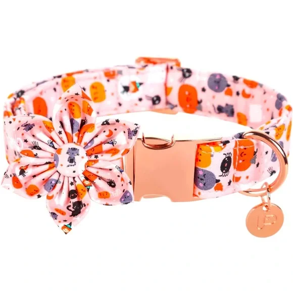 New Halloween Dog Collar with Flower, Pumpkin Cotton Flower Collar M Girl Dog,