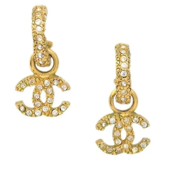 Chanel Dangle Pierced Earrings Rhinestone Gold