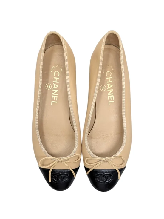 Chanel Ballet Flat Ballerina Two Tone Beige Tan Black CC Logo Cap Toe 37 | 6.5