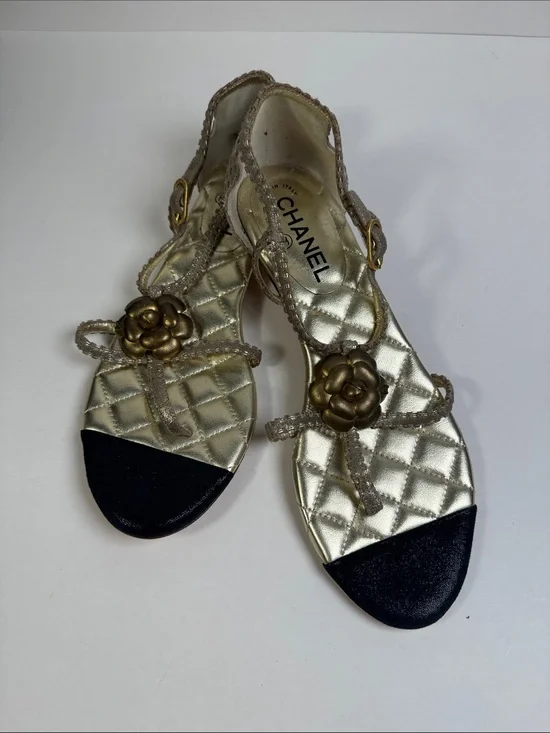 Chanel Gold Quilted CC Camelia Sandals